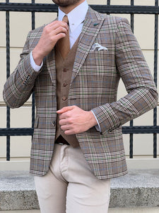 Bojoni Montebello Slim Fit High Quality Plaid Wool Beige Suit