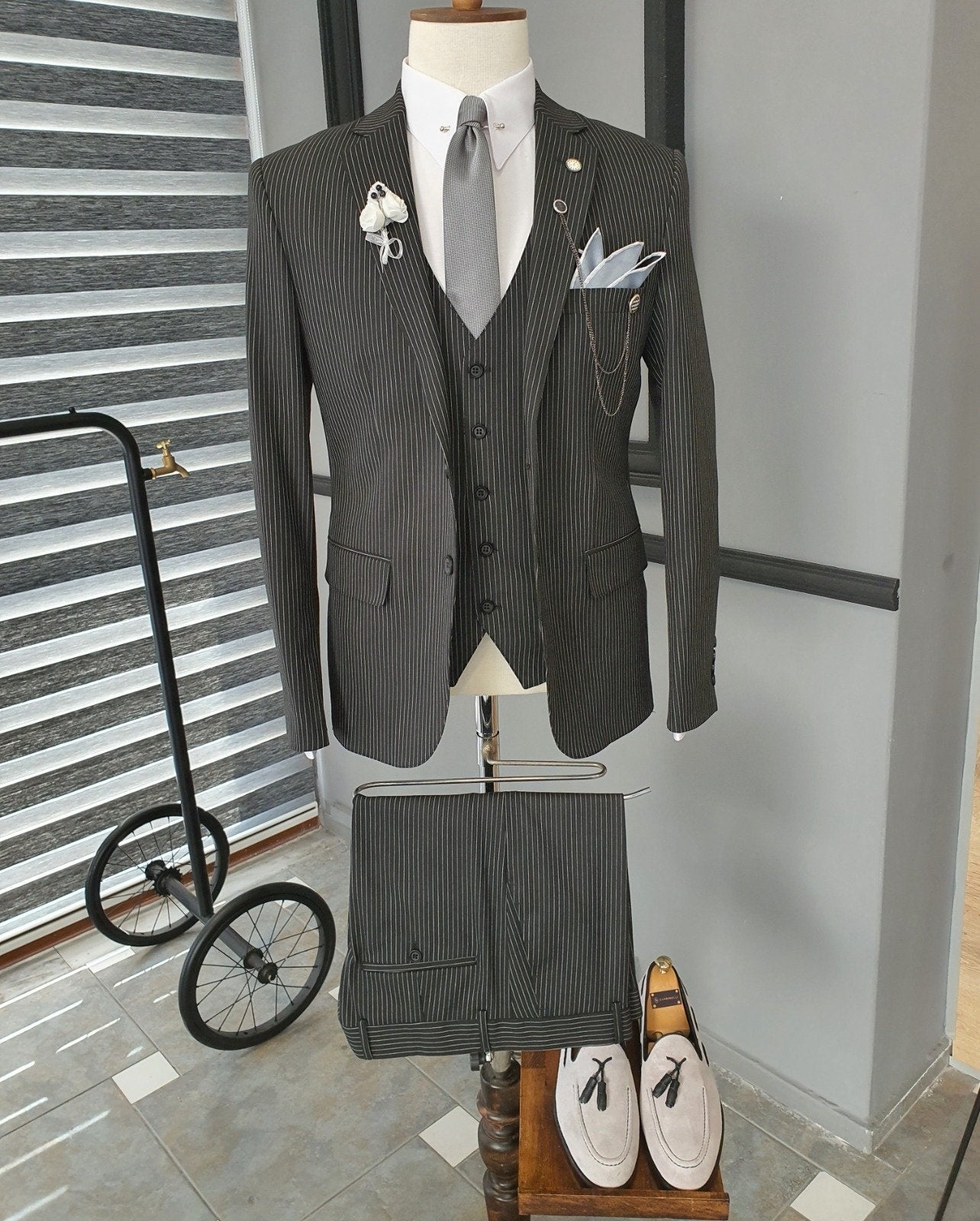 Giotto Black Slim Fit Notch Lapel Striped Suit-baagr.myshopify.com-suit-BOJONI