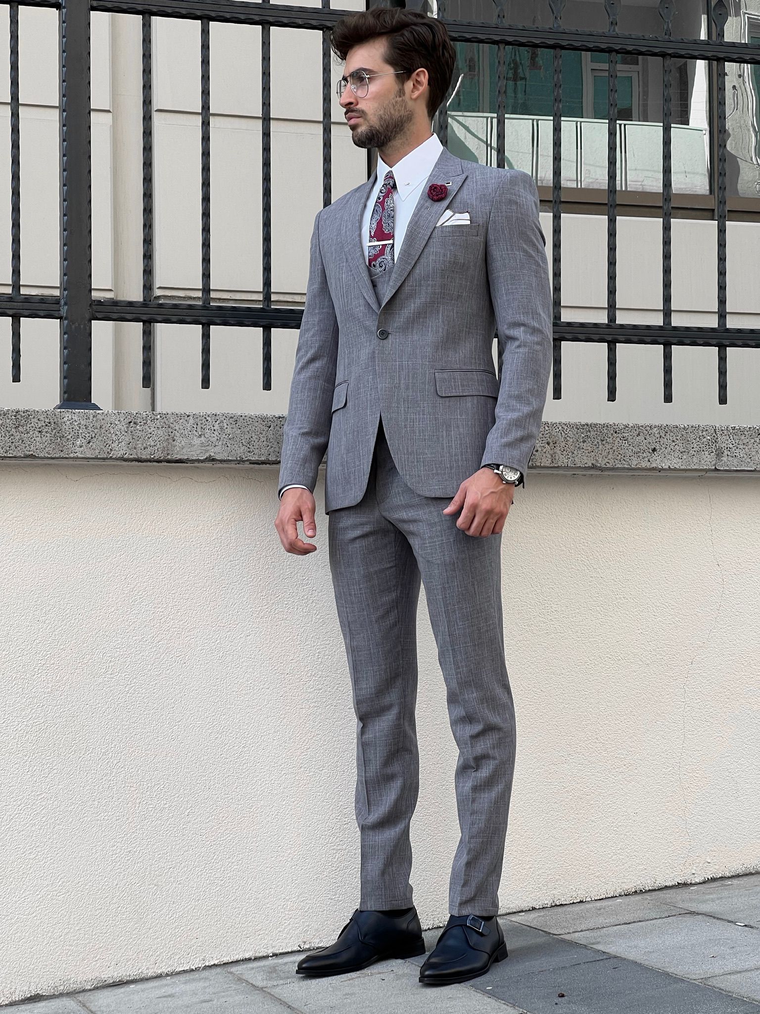 Bojoni Astoria Slim Fit Patterned Pointed Collared Gray Suit