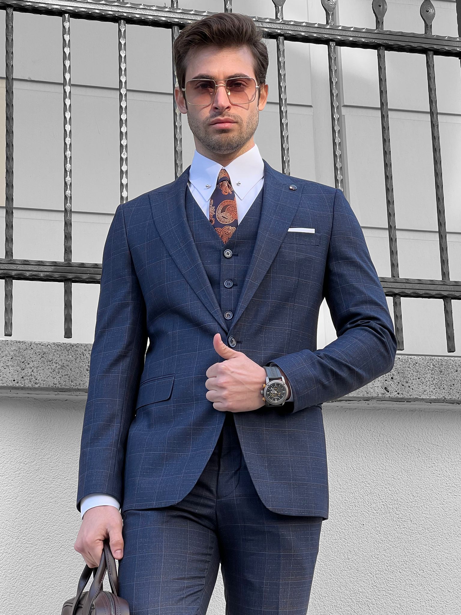 Louis Slim Fit Plaid Navy Business Suit