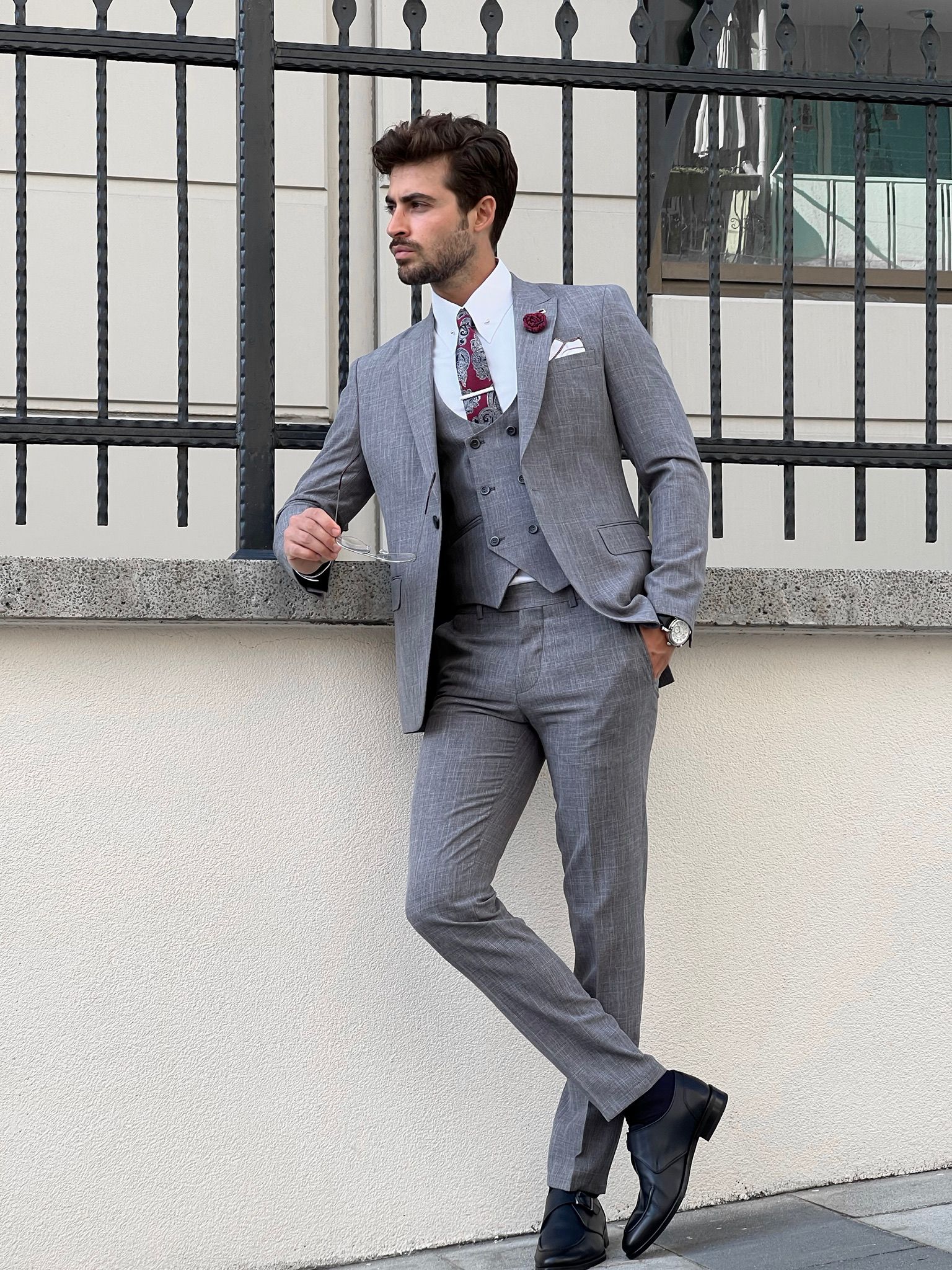 Bojoni Astoria Slim Fit Patterned Pointed Collared Gray Suit