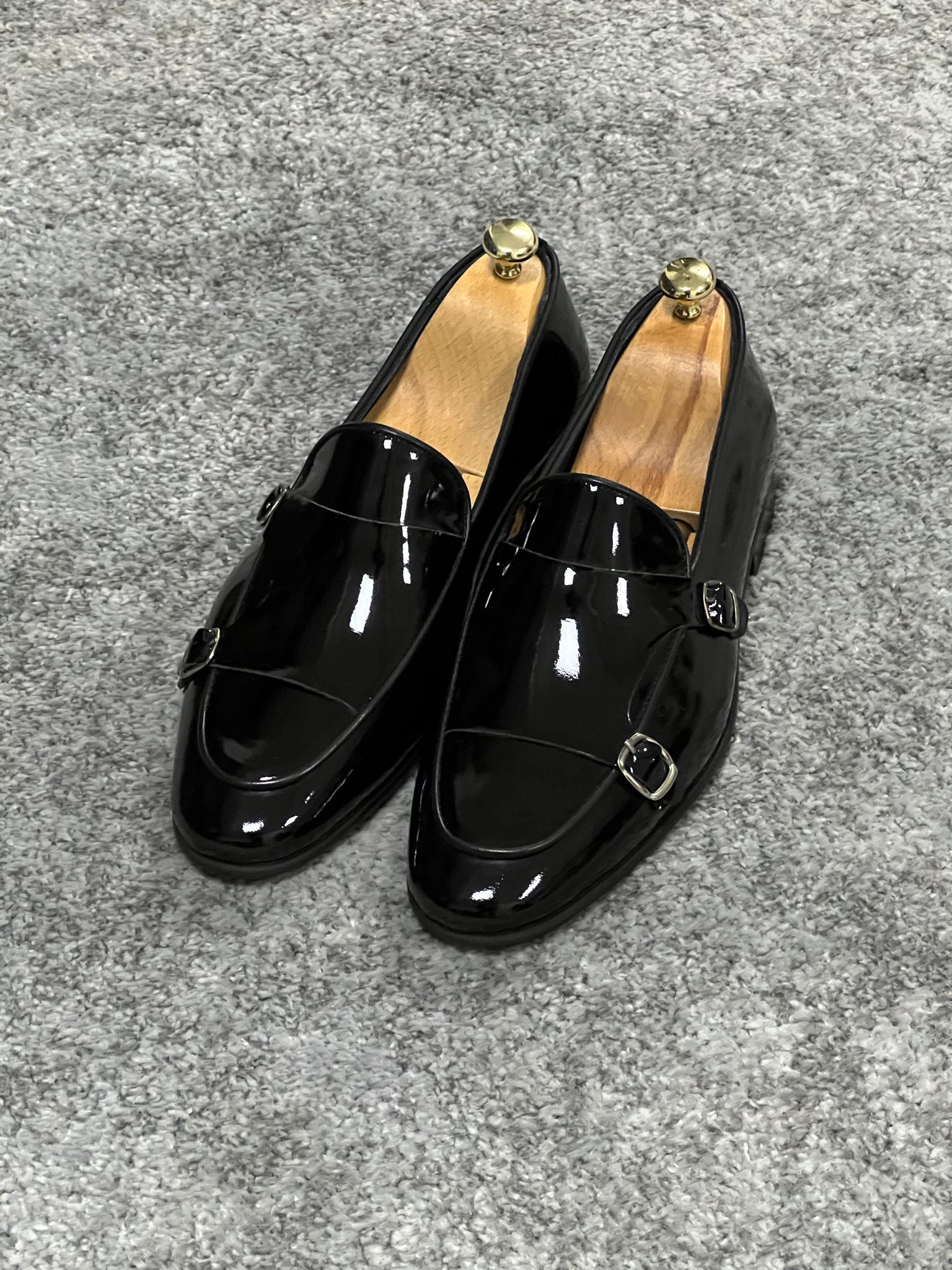 Louis Special Edition Neolite Sole Double Monk Shiney Leather Black Shoes