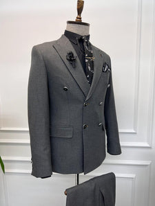 Rick Slim Fit Special Design Double Breasted Grey Detailed Suit