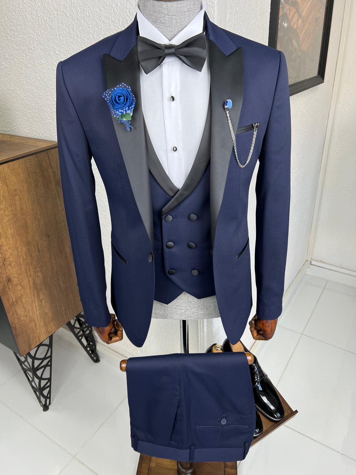 Luxe Slim Fit Patterned Navy Blue Dovetail Collared Tuxedo