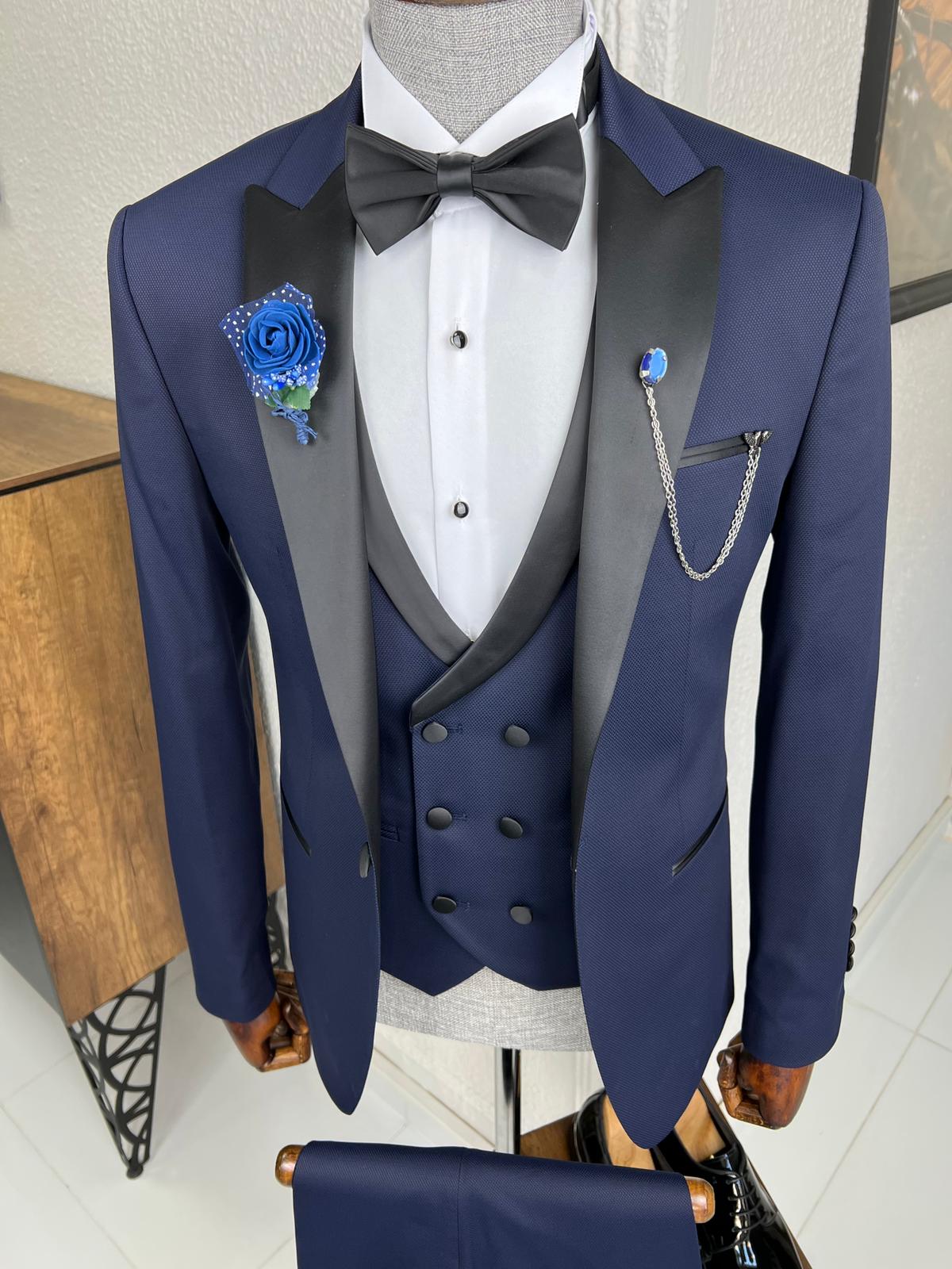 Luxe Slim Fit Patterned Navy Blue Dovetail Collared Tuxedo