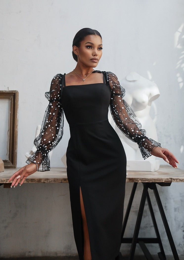 Bodycon Dress with Slit and Mesh Sleeves Black-baagr.myshopify.com-dress.-BOJONI