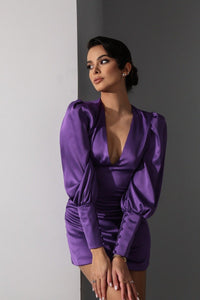 Viclans Balloon Sleeve Satin Mini Purple Dress