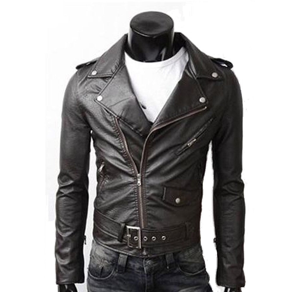 Mens Faux Leather Biker Jacket with Zipper Detail