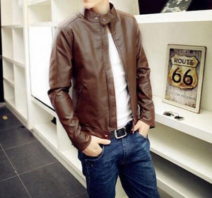 Mens Stand Collar Faux Leather Jacket