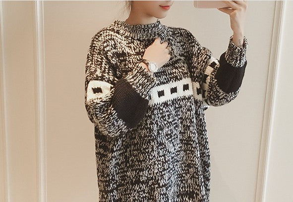 Womens Black Round Neck Sweater with Prints