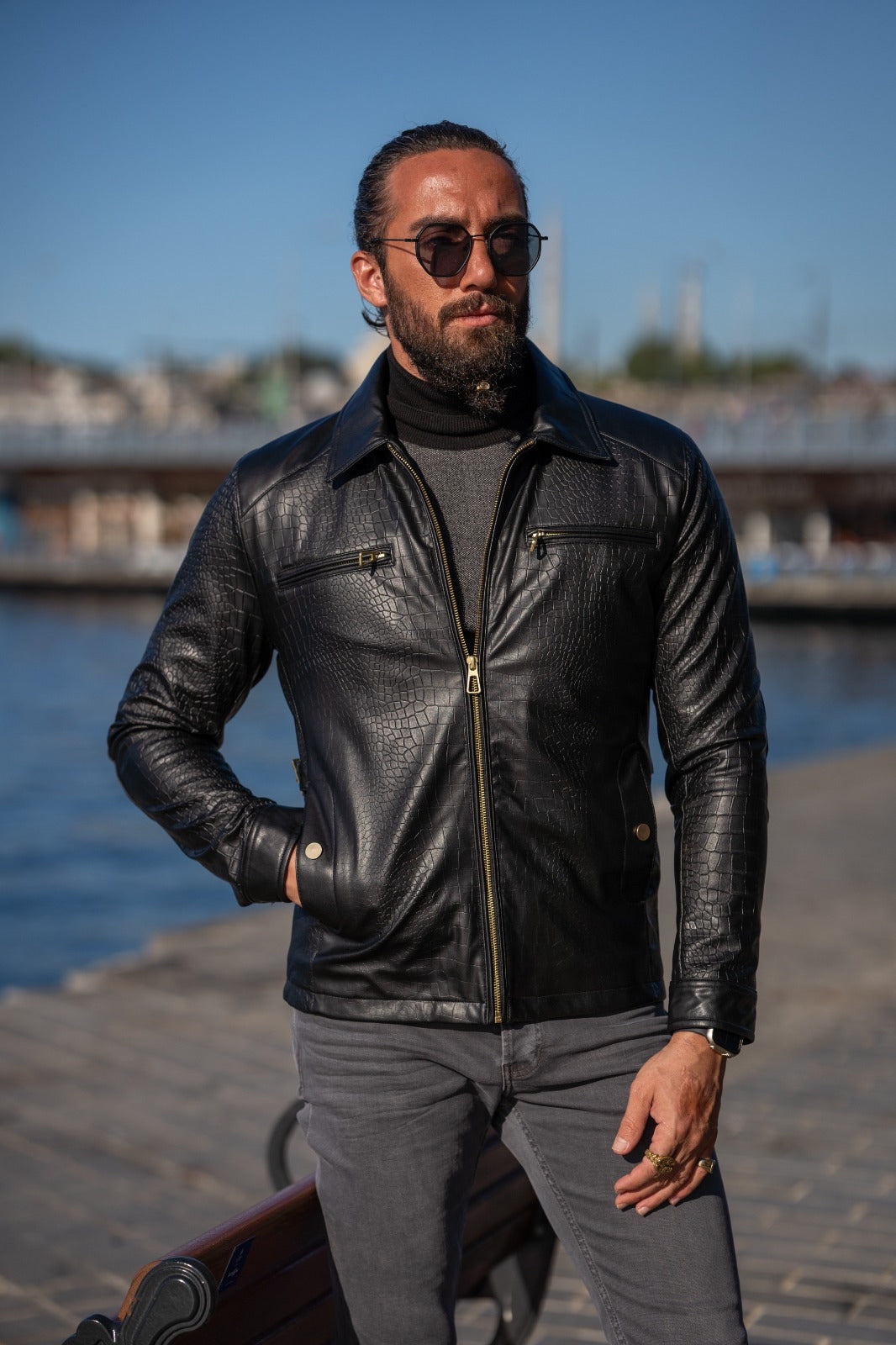 Bojoni Matera Slim Fit Leather Crocodile Style Jacket