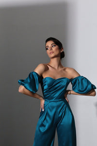 Viclans Off-The-Shoulder Satin Green Jumpsuit with Puffy Sleeves