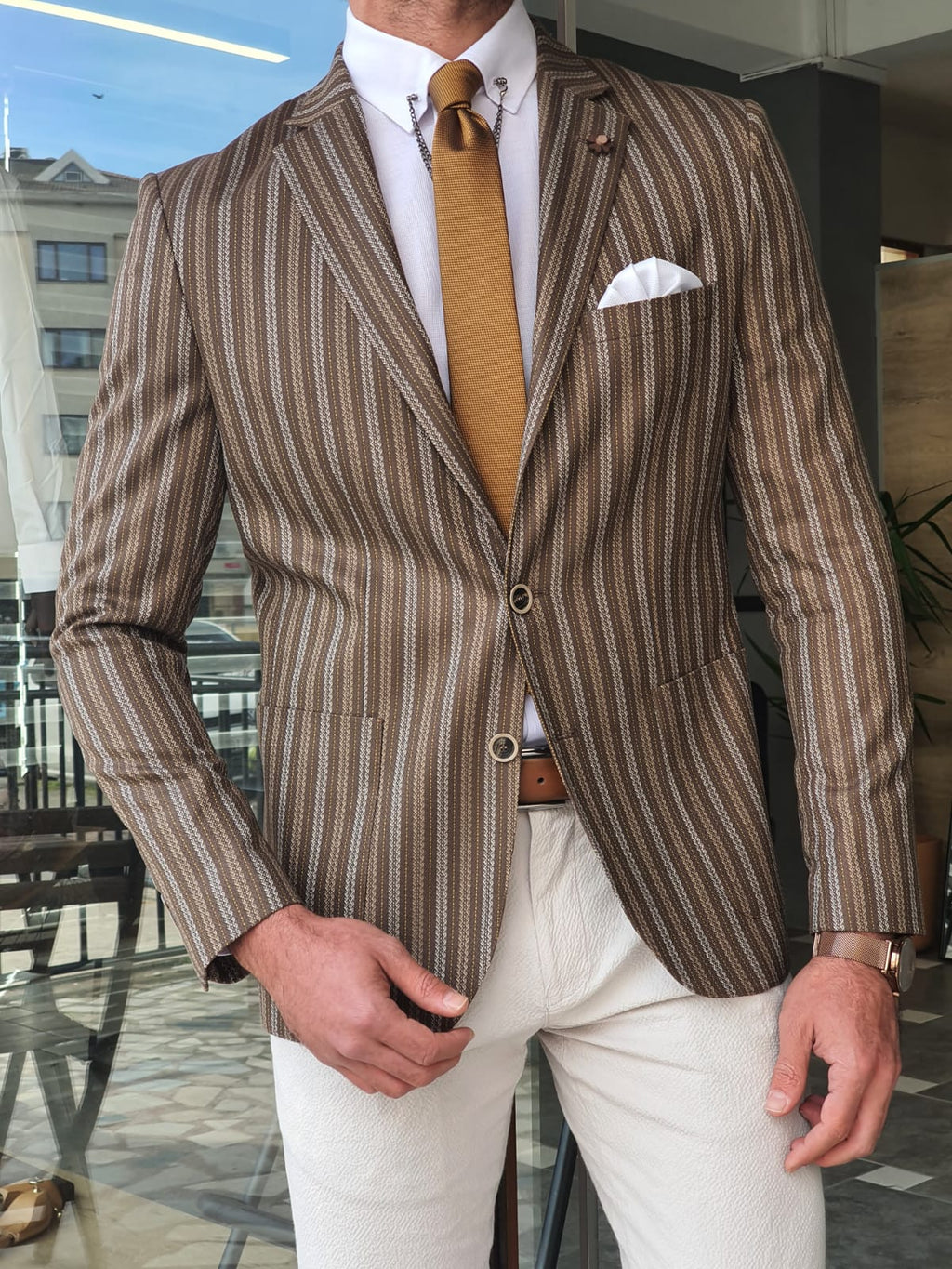 Larna Brown Slim Fit Striped Blazer-baagr.myshopify.com-blazers-BOJONI