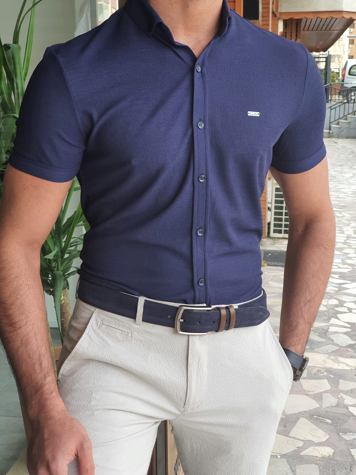 Bastoni Navy Blue Slim Fit Short Sleeve Shirt-baagr.myshopify.com-Shirt-BOJONI