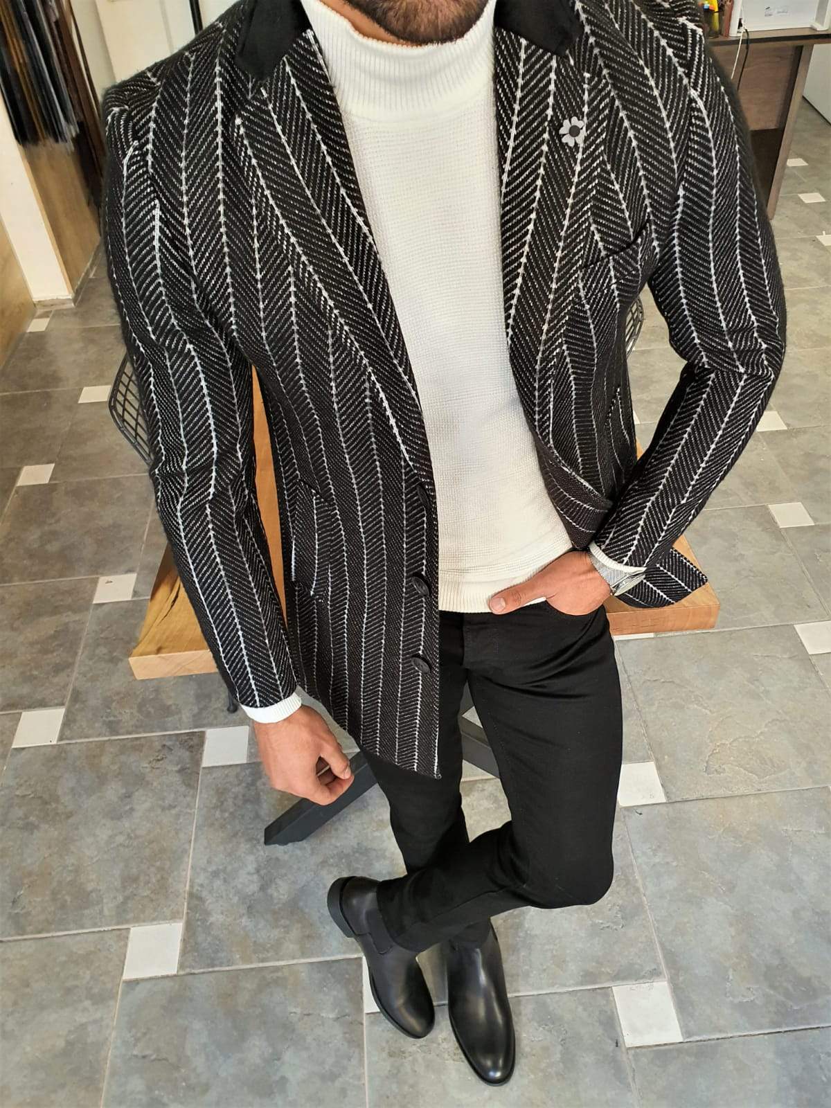 Paruri Black Slim Fit Striped Wool Long Coat-baagr.myshopify.com-Jacket-brabion