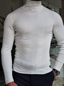 Elko White Slim Fit Striped Turtleneck Wool Sweater-baagr.myshopify.com-sweatshirts-BOJONI