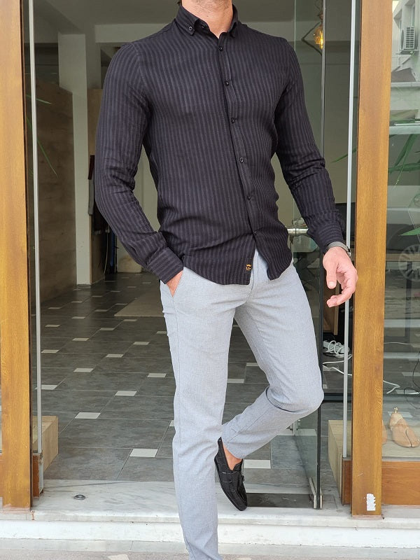 Mantova Black Slim Fit Long Sleeve Striped Cotton Shirt-baagr.myshopify.com-Shirt-BOJONI