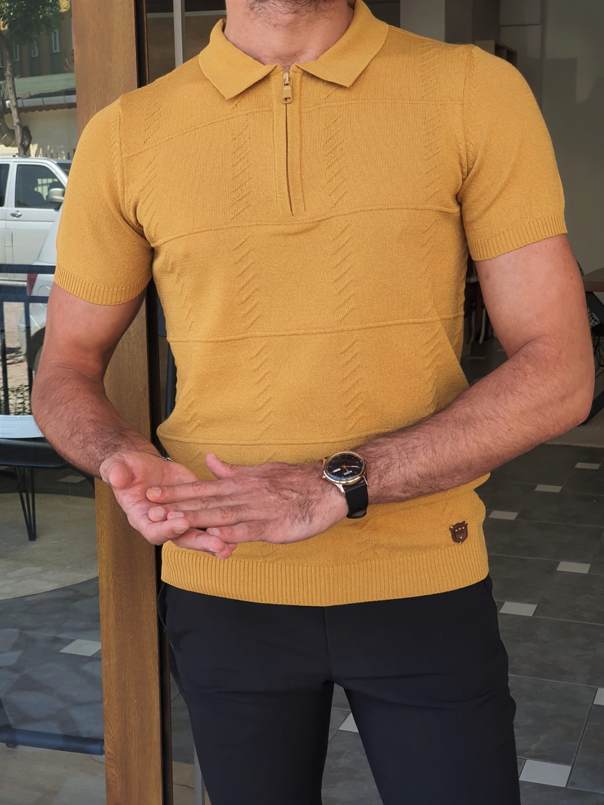 Bano Mustard Slim Fit Zipper Polo T-Shirt-baagr.myshopify.com-T-shirt-BOJONI