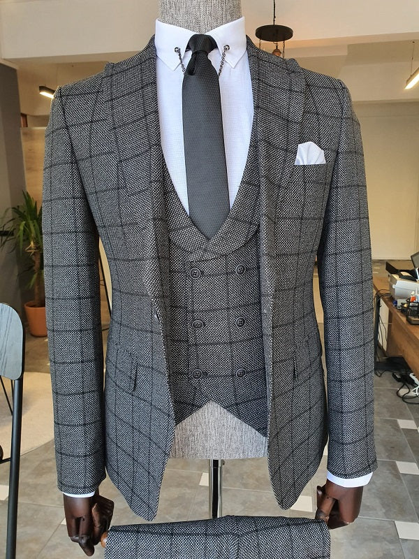 Elche Gray Slim Fit Peak Lapel Plaid Suit-baagr.myshopify.com-suit-BOJONI