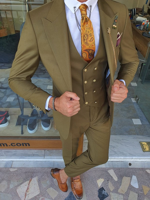 Boston Khaki Slim Fit Peak Lapel Wool Suit-baagr.myshopify.com-suit-BOJONI