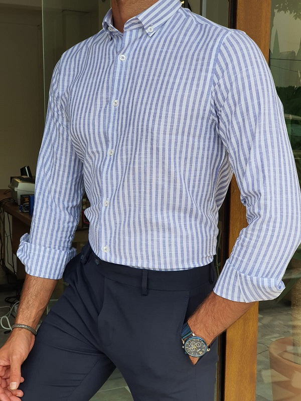 Major Blue Slim Fit Long Sleeve Striped Cotton Shirt-baagr.myshopify.com-Shirt-BOJONI