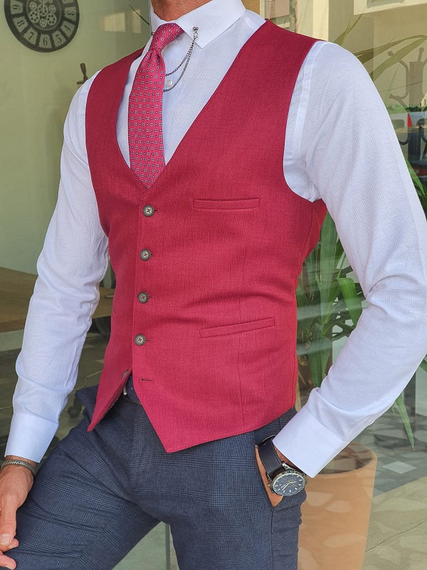 Red Slim Fit Linen Vest-baagr.myshopify.com-suit-BOJONI