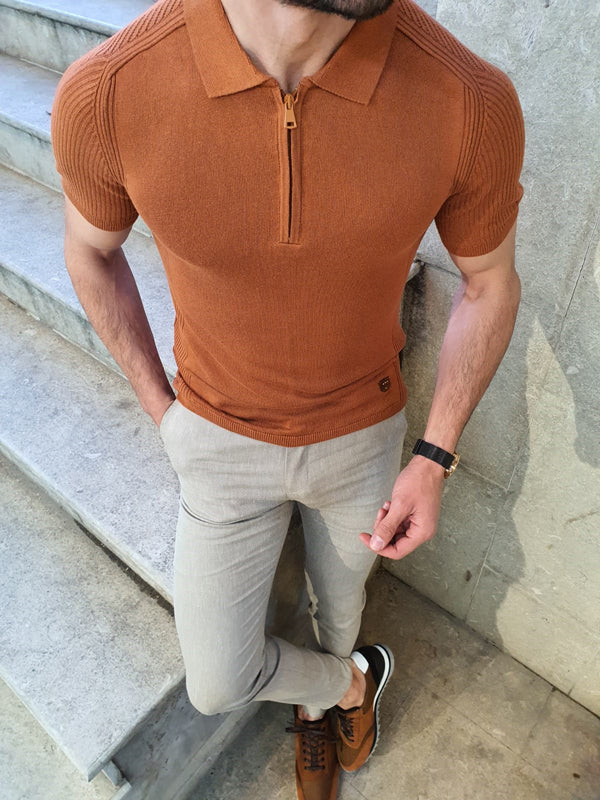 Natisk Brown Slim Fit Collar Neck Zipper Knitwear T-Shirt-baagr.myshopify.com-T-shirt-BOJONI