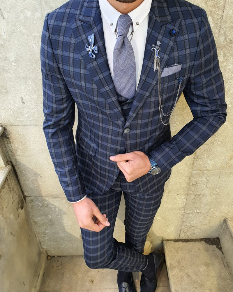 Bojoni  Navy Blue Slim Fit Plaid Check Suit-baagr.myshopify.com-suit-BOJONI