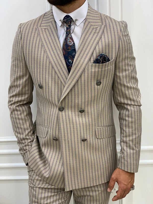 Varteni Cream Slim Fit Peak Lapel Double Breasted Striped Suit-baagr.myshopify.com-1-BOJONI