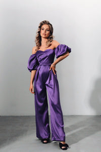 Viclans Off-The-Shoulder Satin Purple Jumpsuit with Puffy Sleeves