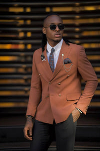 Bojoni Amato Slim Fit Double Breasted Camel Detailed Blazer