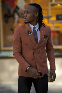 Bojoni Amato Slim Fit Double Breasted Camel Detailed Blazer