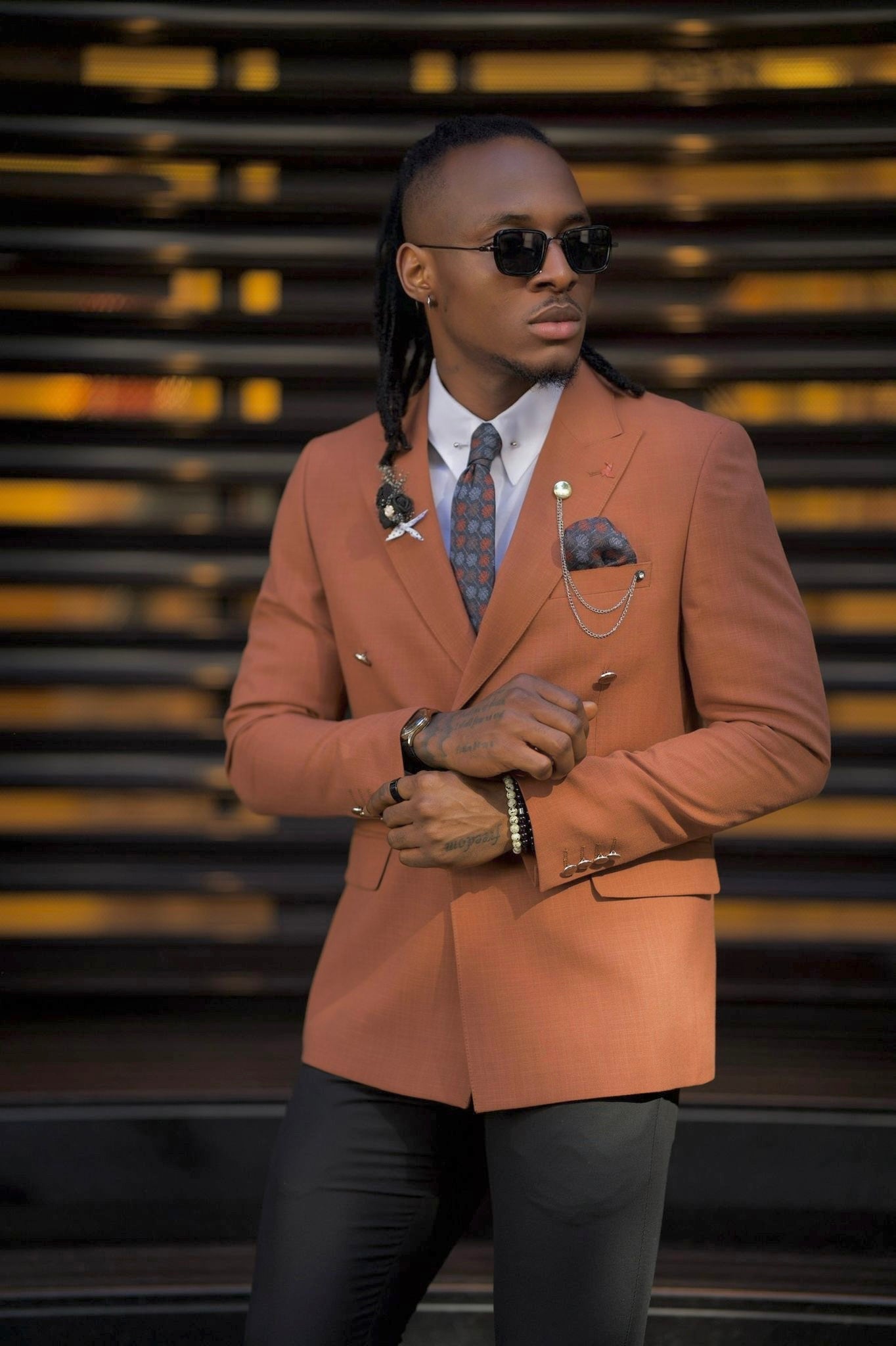 Bojoni Amato Slim Fit Double Breasted Camel Detailed Blazer