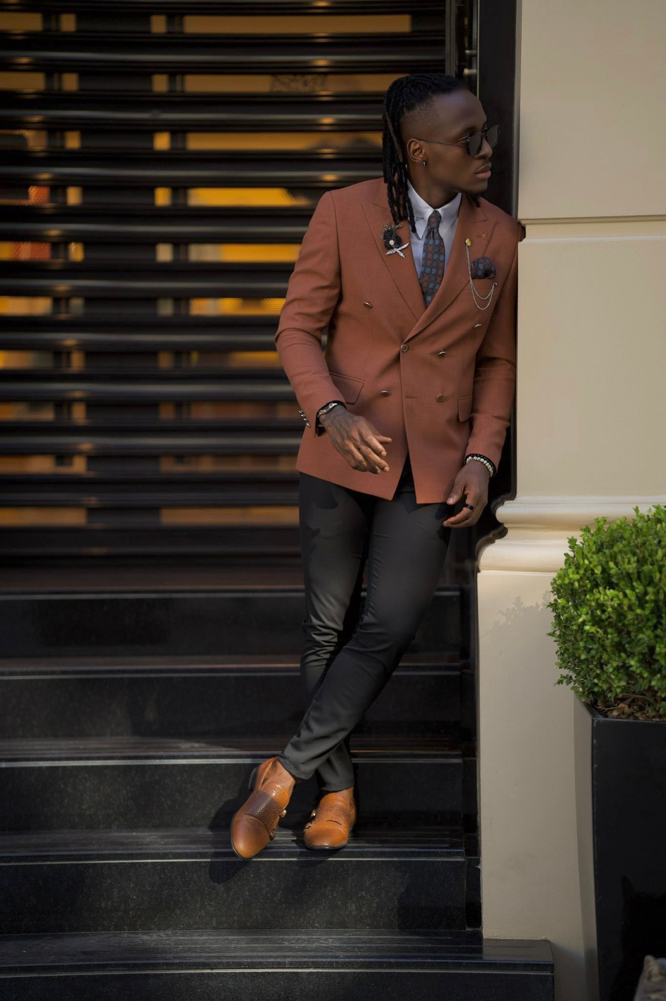 Bojoni Amato Slim Fit Double Breasted Camel Detailed Blazer