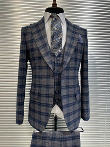 Bojoni Grey Navy Plaid Slim-Fit Suit 3-Piece