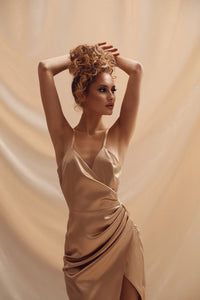 Viclans Satin Brown Dress with Thin Straps and Drapery on the Skirt