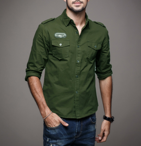 Mens Military Style Long Sleeved Button Down Shirt