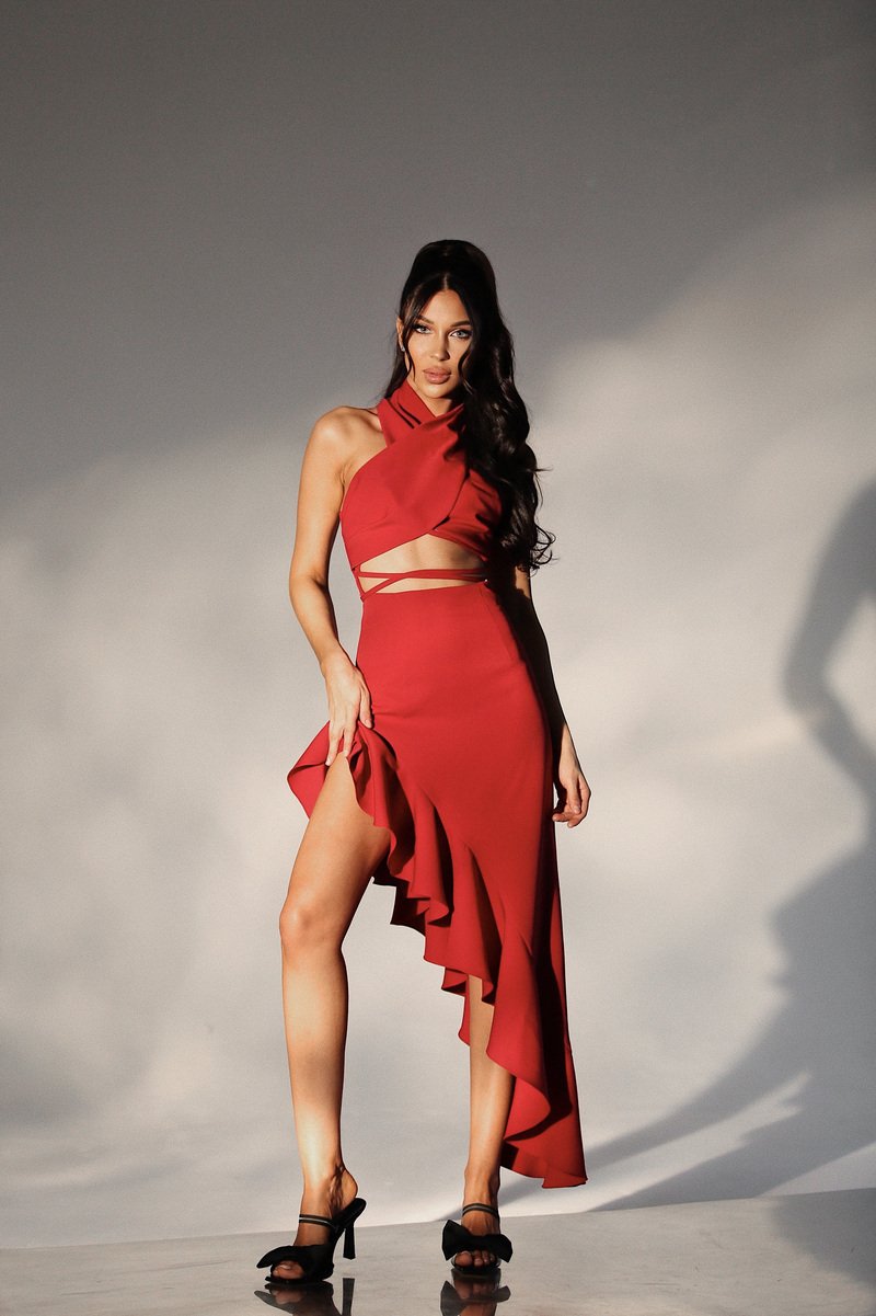 Viclans Asymmetric Ruffle Midi Red Dress with Drawstring Waist