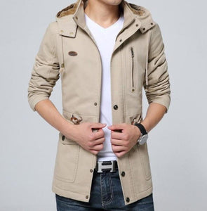 Mens Trench Coat with Removable Hood and Warm Lining