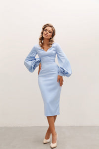 Viclans Satin Midi Blue Dress with Puffy Sleeves