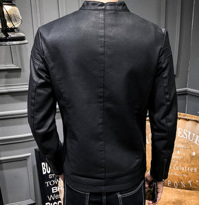 Mens Stand Collar PU Jacket with Shoulder Details