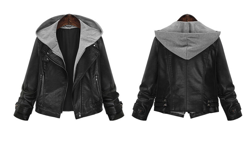 Womens Hooded Faux Leather Jacket