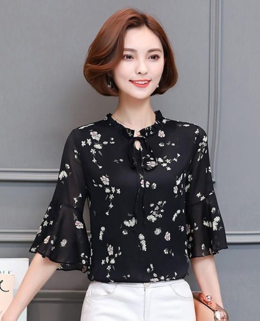 Womens Floral Print Blouse with Bell Sleeve
