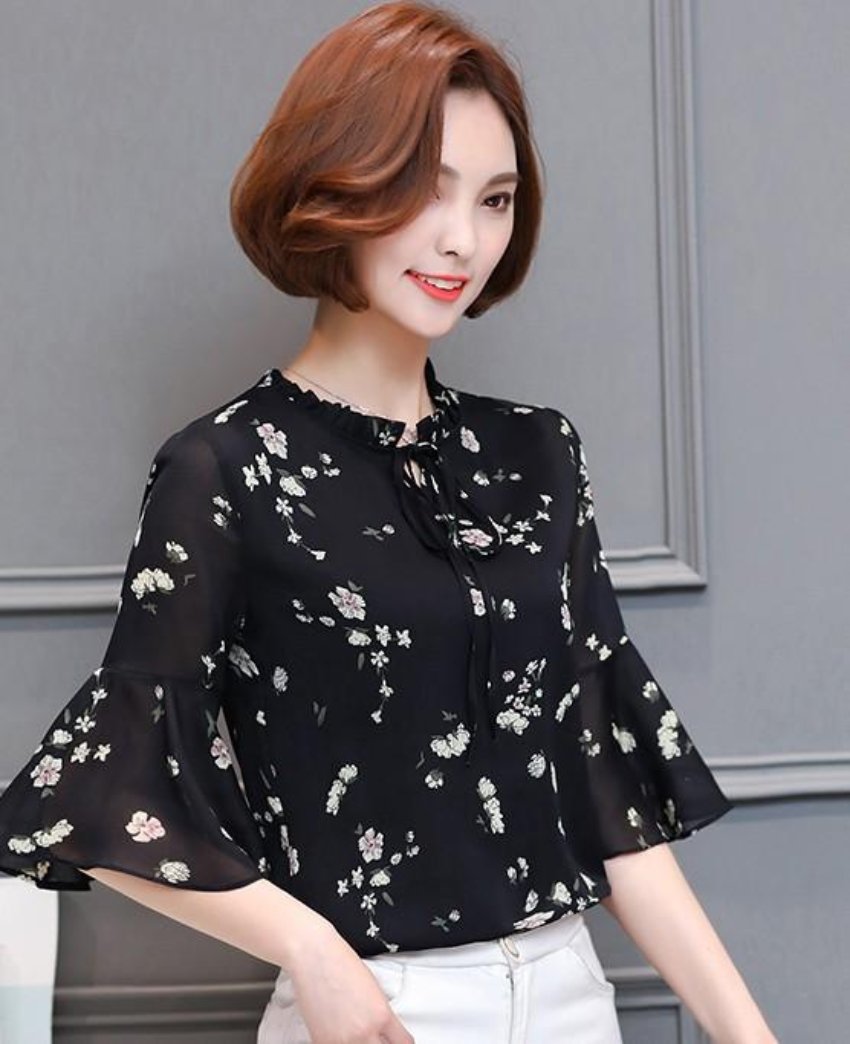 Womens Floral Print Blouse with Bell Sleeve