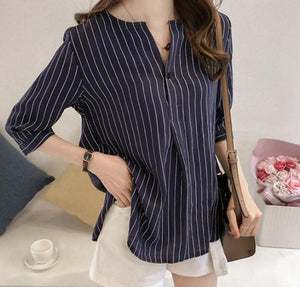 Womens Split Neck One Button Stripe Shirt