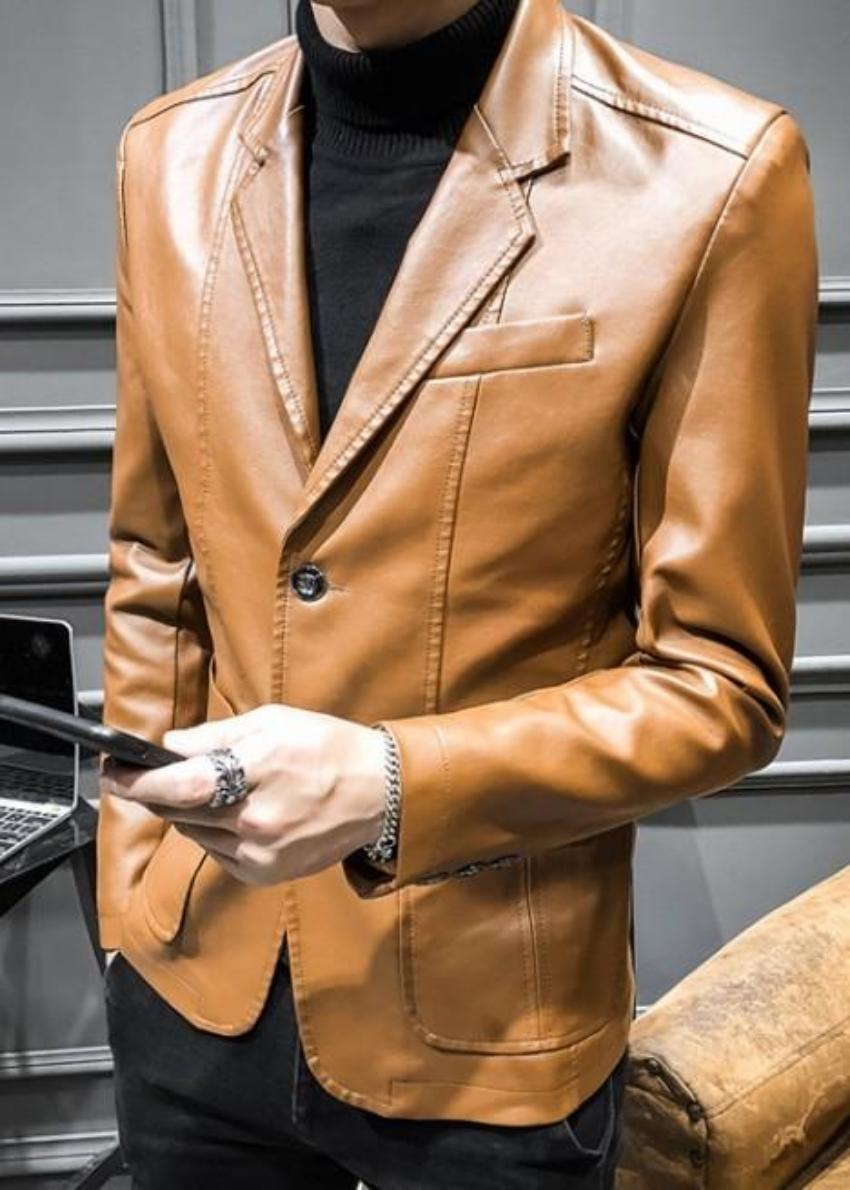 Mens Faux Leather Two Button Blazer