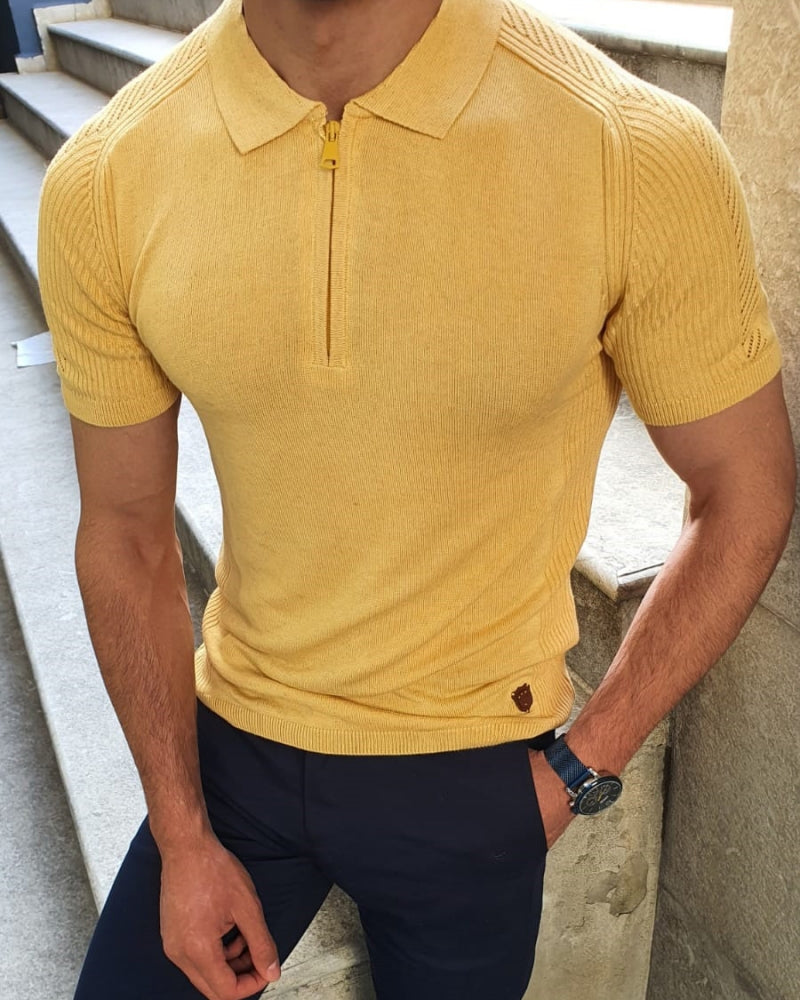 Rawlins Yellow Slim Fit Collar Neck Zipper Knitwear T-Shirt-baagr.myshopify.com-T-shirt-BOJONI
