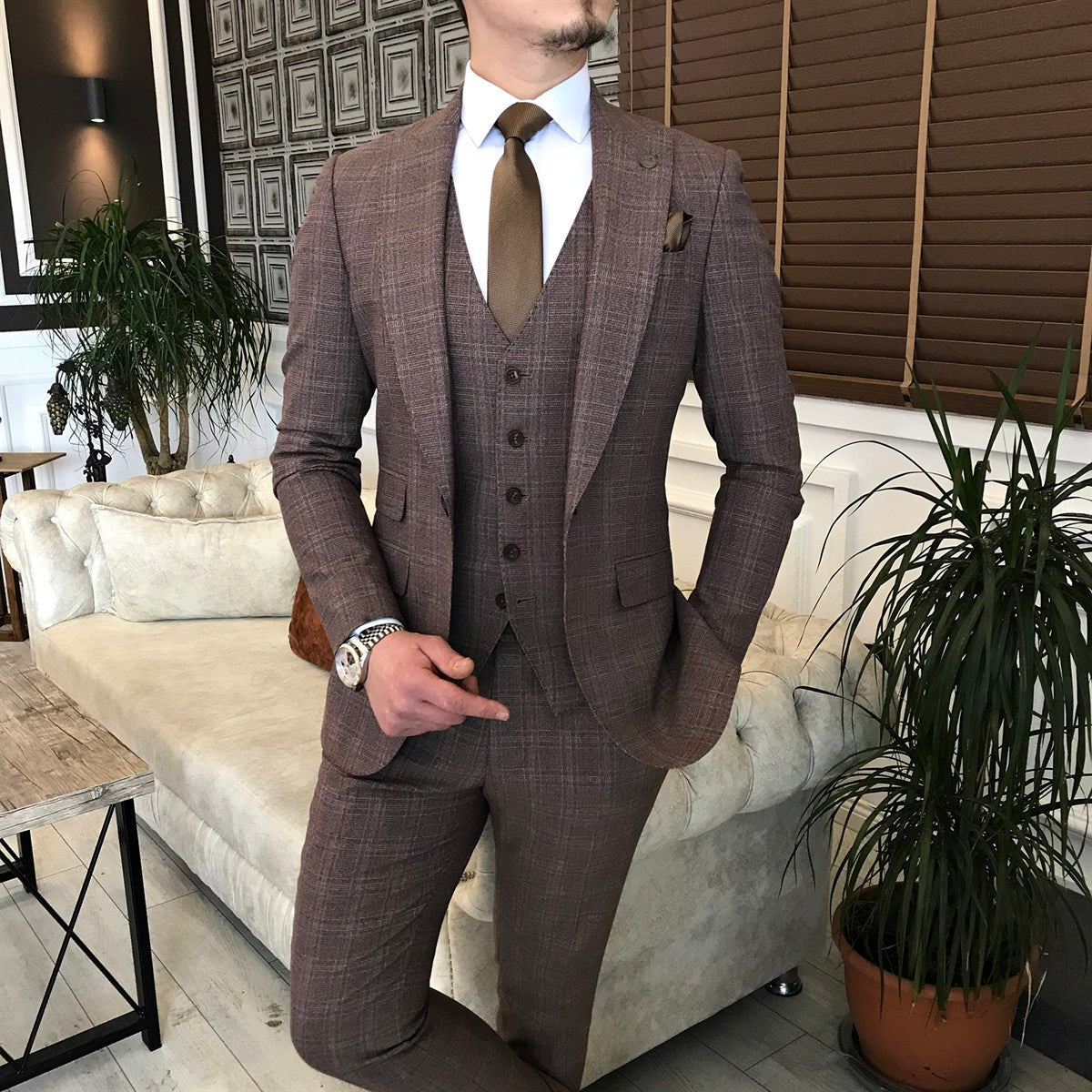 Bojoni Brown Plaid Single Breasted Suit 3-Piece