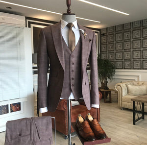 Bojoni Brown Plaid Single Breasted Suit 3-Piece