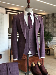 Bojoni Claret Red Plaid Single Breasted Suit 3-Piece